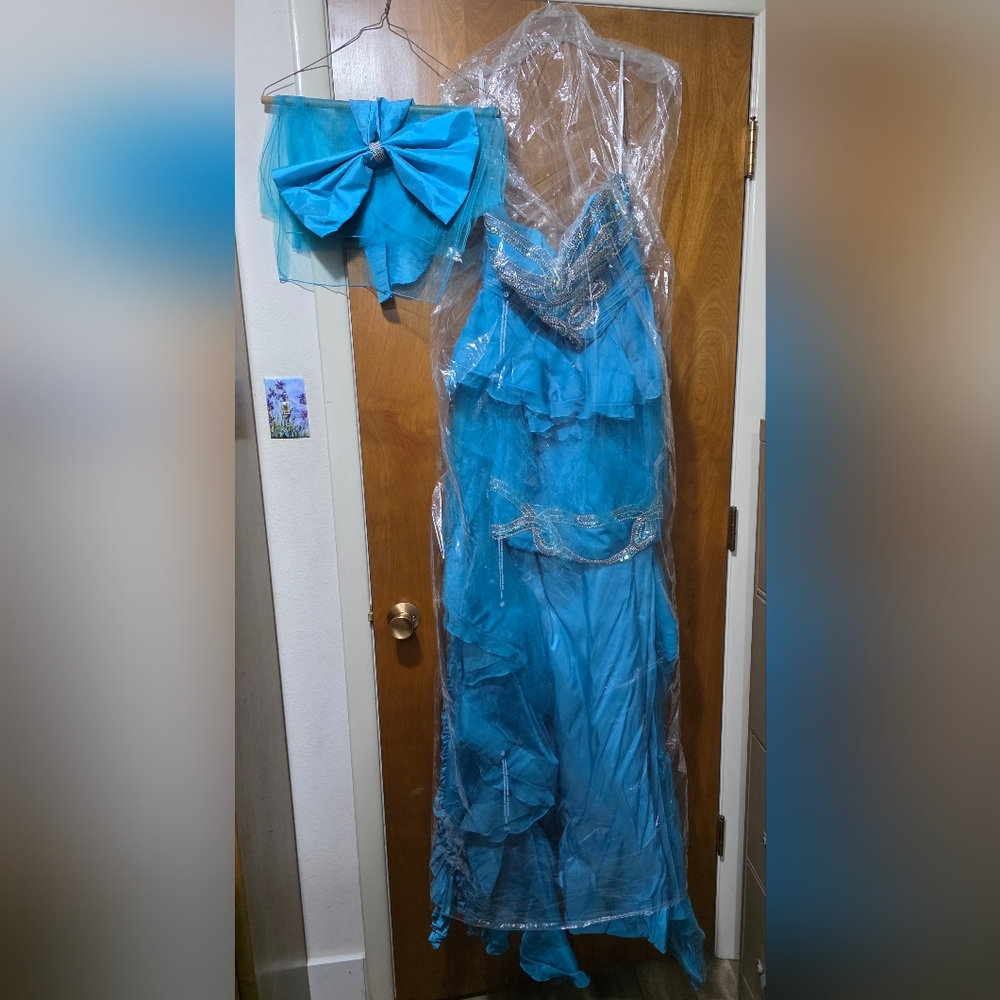 Strapless Blue Ruffle & Peplum Gown - Picture 3 of 8